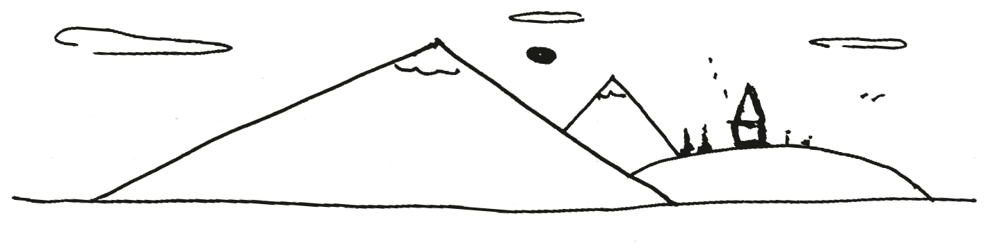 A hand-drawn landscape: two peaks, drifting clouds, pines, a house, and someone walking a dog.